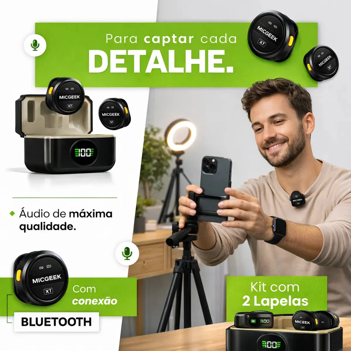 Microfone Lapela Redondo Sem Fio Tipo-C Duplo Anti Ruído P/ Android E iPhone 15 16 17 Com Caixinha Para Carregamento Cor Preto MICGEEK