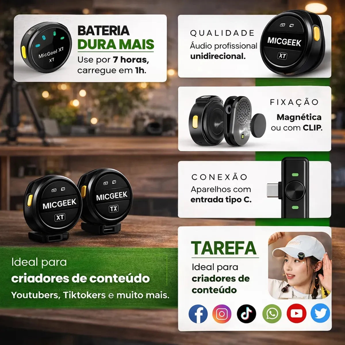 Microfone Lapela Redondo Sem Fio Tipo-C Duplo Anti Ruído P/ Android E iPhone 15 16 17 Com Caixinha Para Carregamento Cor Preto MICGEEK