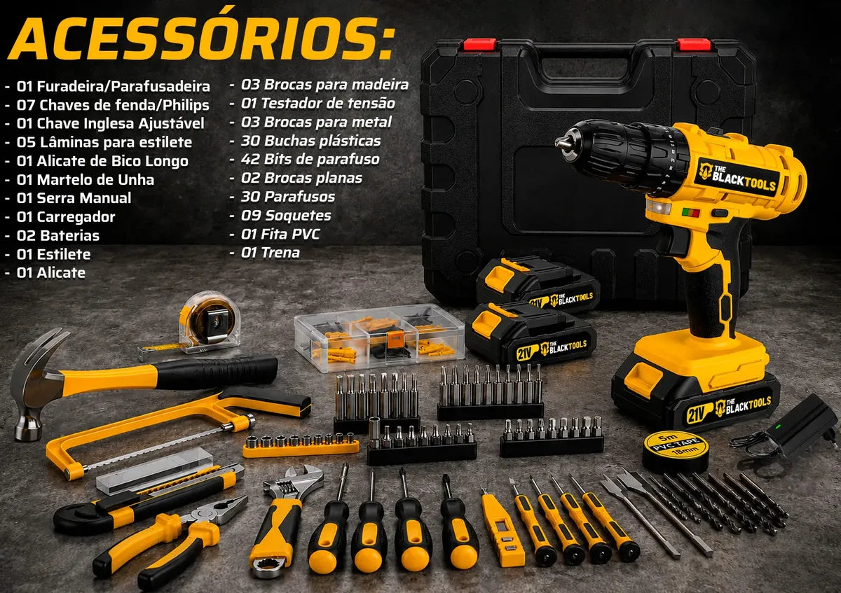 Parafusadeira Furadeira De Impacto The Black Tools Profissional 2 Baterias Com Maleta + Kit Acessórios 145 Peças Tbkit19