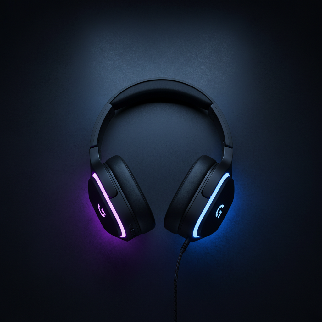 Fone gamer RGB vista superior flat lay em fundo escuro