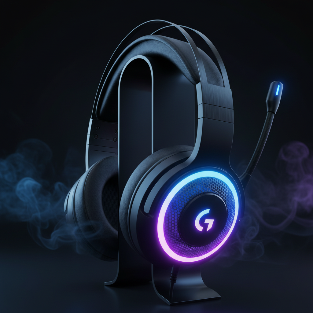 Fone gamer RGB vista lateral com iluminação azul e roxa