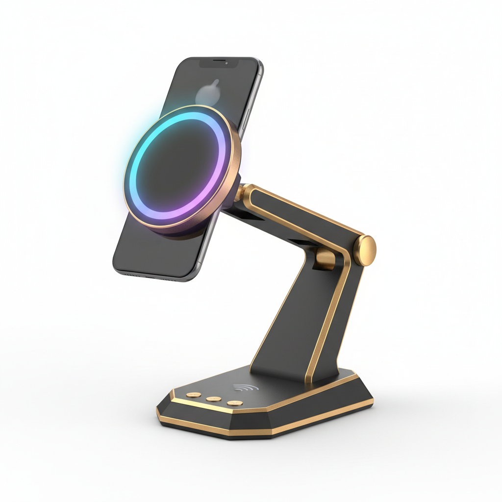 Carregador magnético wireless com anel LED neon dourado