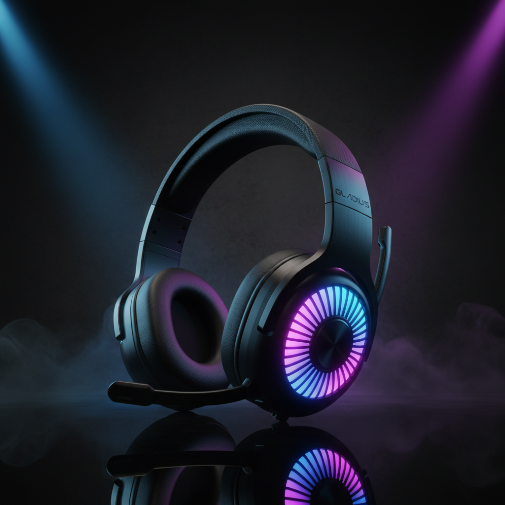 Fone de ouvido gamer com iluminação RGB azul e roxa em fundo escuro