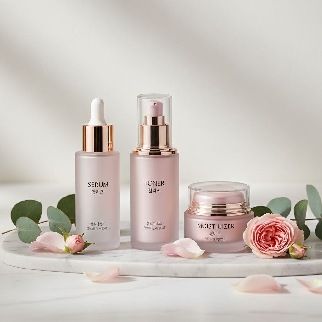 Kit skincare coreano com embalagens rosa e douradas sobre mármore branco