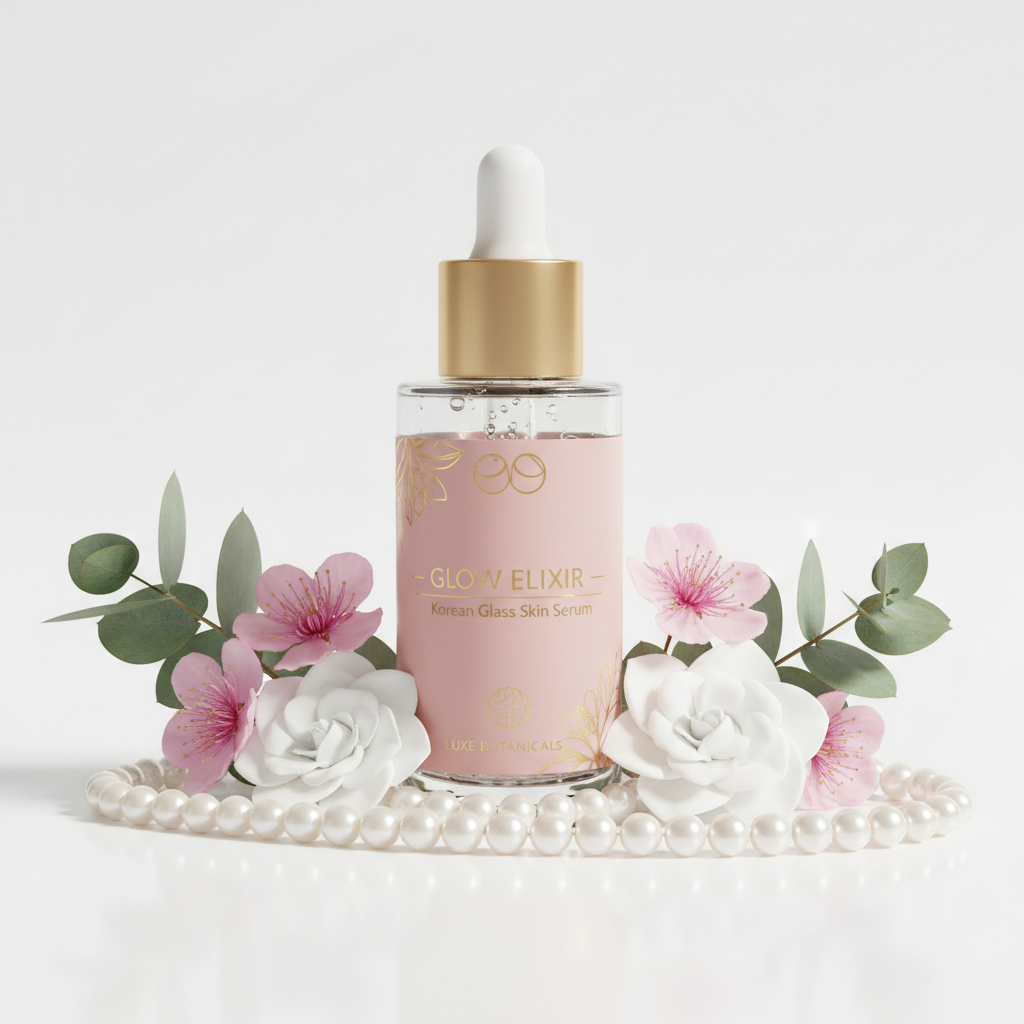 Frasco de sérum glow coreano com flores e pérolas em fundo branco